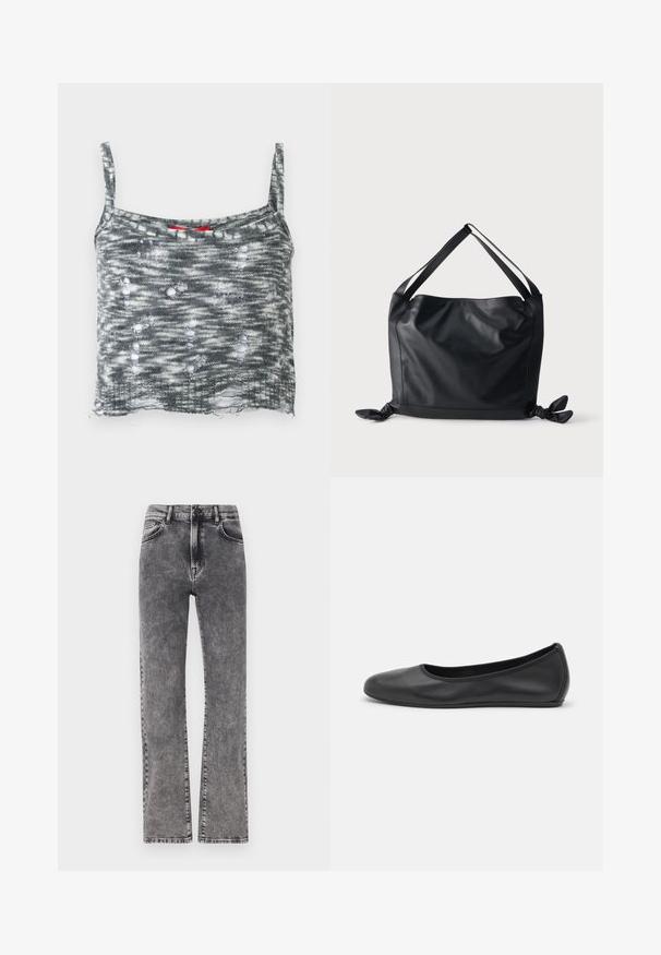 Grijze gebreide cropped tanktop met dunne dikkers, met een versleten ontwerp met meerdere gaten en een losse zoom. Rode accent bij de halslijn.; Grijze denim hoge taille jeans met een rechte pijp, featuring subtiele wassing en standaard vijf-pocket stijl.; Zwarte leren ballerina met een ronde neus, gladde textuur, minimale stikdetails en een flexibele zoolontwerp.; Zwarte leren schoudertas met brede banden en geknoopte details op elke onderste hoek tegen een effen lichte achtergrond.