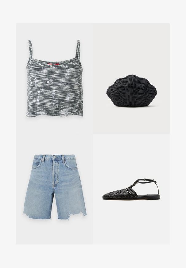 Grijze gebreide cropped tanktop met dunne dikkers, met een versleten ontwerp met meerdere gaten en een losse zoom. Rode accent bij de halslijn.; Lichtblauwe denim shorts met een hoge taille, voorzien van een rafelrand, twee voorzakken en een klassiek vijf-zakken ontwerp.; Zwarte platte lederen sandaal met gevlochten gesloten neus, enkelriem en gesp, afgebeeld op een witte achtergrond.; Zwarte gevlochten handtas in de vorm van een sint-jakobsschelp met een gebogen bovenkant en een geweven textuur op een effen achtergrond.