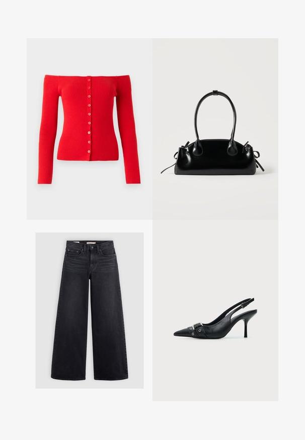 Rode off-shoulder ribgebreide trui met lange mouwen en een knoopsluiting aan de voorkant, benadrukt door acht bijpassende knopen in het midden.; Zwart denim met wijde pijpen, met een hoge taille, vijf zakken en subtiele vervaging aan de voorkant.; Zwarte leren pumps met hoge hak en slingback, met een puntige neus en een gesp- en oogjesriem detail aan de voorkant.; Kleine zwarte glanzende handtas met twee lange hengsels en zijkant trekkoord details op een effen lichte achtergrond.