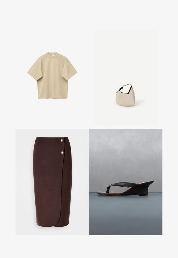 T-shirt beige oversize à manches courtes et col rond, étalé à plat, avec des coutures visibles sur les manches et l'ourlet, sur fond blanc.; Jupe brune de longueur genou en tissu lisse avec un design enroulé. Dotée de deux boutons dorés à l'avant pour le détail de fermeture.; Sandale compensée noire avec brides en lanières posée sur une planche en bois et un sol en pierre en plein air près de plantes vertes et d'un mur en béton.; Sac à main en cuir beige en forme de croissant avec une seule bandoulière et des coutures minimalistes, posé sur un fond blanc uni.
