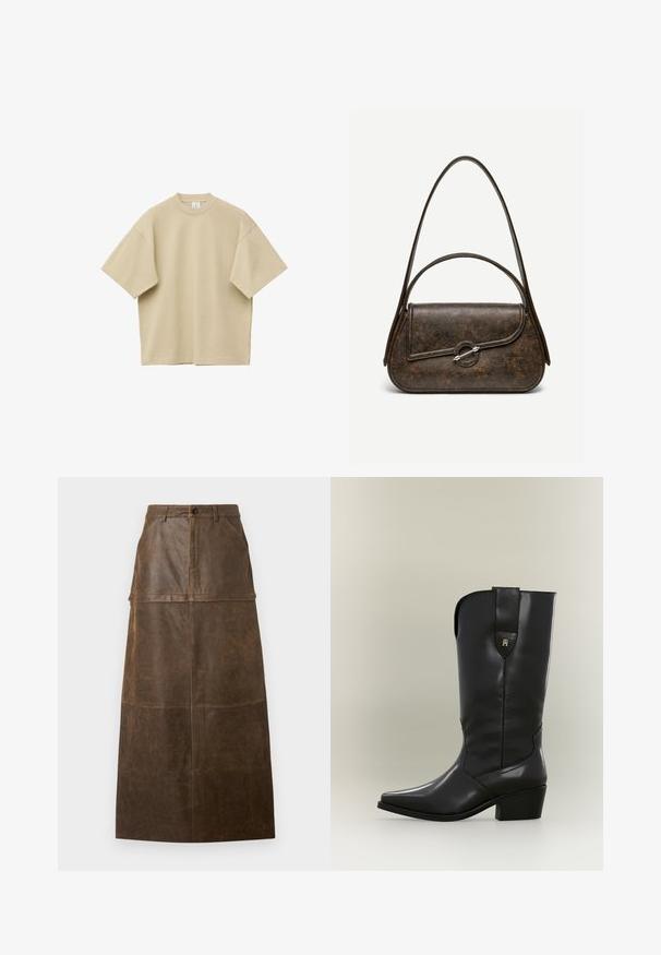 Beige oversized T-shirt med korte ærmer og rund hals, lagt fladt med synlige syninger på ærmer og kant mod hvid baggrund.; Brun læder midi-nederdel med høj talje, frontlommer og en glat overflade med synlige syninger.; Høj sort læder cowboystøvle med spids tå, kraftig hæl og trækstrop med lille gyldent logo.; Mørkebrun tekstureret læderhåndtaske med to stropper, afrundet rektangulær form og sølvfarvet cirkulært låsespænde på frontklap.