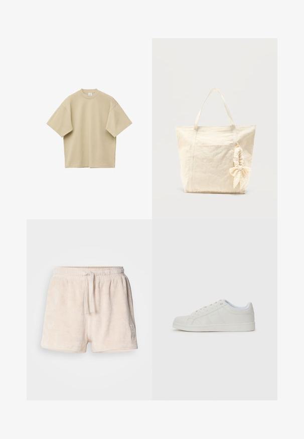 Camiseta beige de manga corta oversize con cuello redondo, plana y con costuras visibles en las mangas y el dobladillo sobre fondo blanco.; Pantalones cortos de forro polar color crema con cintura elástica, cierre de cordón y detalle bordado en la parte inferior izquierda. Tejido suave y texturizado.; Zapatillas blancas con upper de cuero liso, punta redonda, suela plana y detalles sutiles en los paneles laterales. Diseño con cordones y un interior suave.; Bolsa tote de lona beige con dos asas y una goma de pelo con lazo adjunta a una de las asas, sobre un fondo liso.