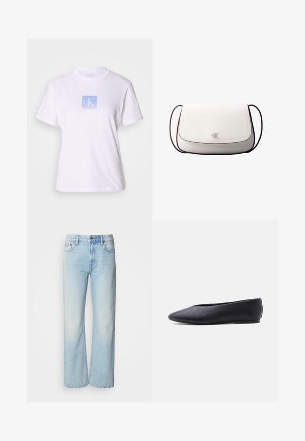 T-shirt en coton blanc avec un graphique carré pastel bleu et lavande portant les lettres "cK" centrées sur le devant. Manches courtes, col rond.; Jeans à jambes larges bleu clair en denim, présentant un design classique à cinq poches et une texture légèrement décolorée. La couture en denim est visible.; Chaussure de ballet plate noire à bout pointu avec un motif perforé subtil, vue de côté sur fond blanc uni.; Sac bandoulière blanc avec fermeture à rabat, petit logo "cK" argenté centré, et fine sangle réglable marron foncé.
