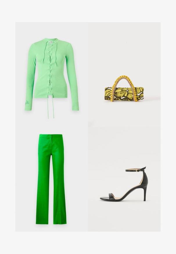 Haut côtelé vert clair à manches longues avec détail lacé à l'avant et liens, coupe ajustée, et petit texte brodé sur le poignet gauche.; Pantalons évasés vert vif en tissu lisse, avec une taille plate et sans poches visibles. Design épuré et minimaliste.; Sandale à talons hauts en cuir noir avec une lanière de cheville. Présente une texture lisse, un bout ouvert et un talon fin. Détail de boucle en ton doré.; Sac rectangulaire avec motif floral jaune et noir et anse tressée jaune et rose sur fond blanc.