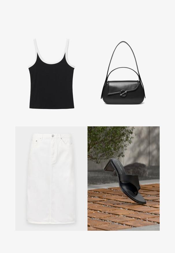 Sort tanktop med hvid kant langs halsudskæringen og stropperne, ærmeløs, tætsiddende pasform, enkelt design på hvid baggrund.; Hvid denimnederdel med lynlås foran, fem lomme-design og lige silhuet med stikninger.; Sort Calvin Klein hælet sandal med tå-loop på trægulv udendørs nær et træ og en stenmur.; Sort skuldertaske i læder med en buet klap, der er fastgjort med en rund metal spænde, og en slank, justerbar rem.
