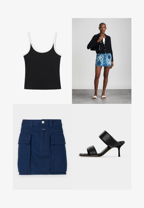 Sort tanktop med hvid kant langs halsudskæringen og stropperne, ærmeløs, tætsiddende pasform, enkelt design på hvid baggrund.; Mørkeblå denimnederdel med to store forlommer, en metalknaplukning og lige snit. Let tekstureret stof.; Sort læder mule sandal med to brede remme og en slank mellemhøj stiletthæl på en ensartet lys baggrund.; Sort striktrøje, hvid top, denimnederdel med blå og sort diamantmønster, sort håndtaske og beige slidesandaler.