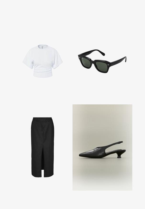 Valge lühike crop t-särk lühikeste laiade varrukatega ja ümmarguse kaelusega, esitatud valgel taustal.; Musthave mustriba mustriba, millel on esi lõhik, on valmistatud kerge kangaga. Omab klassikalist vööd ja peeneid külge taskuid.; Must nahast slingback-kingad terava varba ja madala kassi kontsaga neutraalsel taustal.; Mustad mustad päikeseprillid tumeroheline läätsedega, julgete raamide ja hõbedaste aksessuaaridega külgedel. Valmistatud Itaalias.