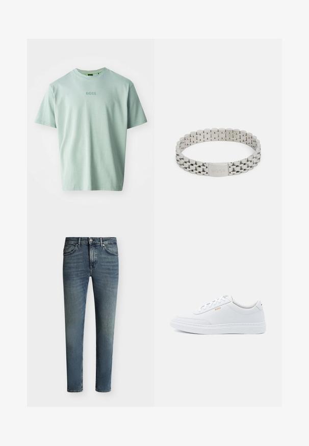 Helles grünes T-Shirt aus weichem Baumwollstoff, mit kurzen Ärmeln und rundem Halsausschnitt. Gesticktes "BOSS"-Logo auf der Vorderseite.; Blau ausgewaschene Slim-Fit-Jeans mit fünf Taschen und Knopf- und Reißverschluss auf einfarbigem Hintergrund.; Weiße Leder-Sneaker mit glatter Textur, runder Zehenpartie und tonal abgestepptem Design. Mit blauen Schnürsenkeln und einem goldenen Logo an der Seite.; Silbernes Armband aus rostfreiem Stahl mit einem Glieddesign, versehen mit einem Verschluss, der mit "BOSS" graviert ist. Glatte, polierte Oberfläche mit abgerundeten Kanten.