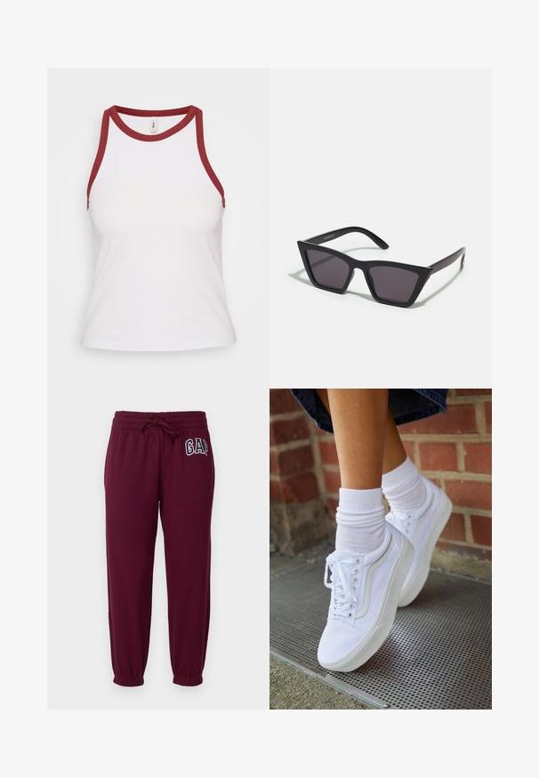 Débardeur blanc à côtes avec un col rond et des emmanchures contrastés bordeaux ; design ajusté, texture douce et style minimaliste.; GAP Petite HERITAGE - Pantalon de survêtement - ruby wine; Baskets en toile blanches avec semelles en caoutchouc, dotées de six œillets, d'un bout rond et de détails de couture légers, portées avec des chaussettes blanches mi-mollet.; Lunettes noires angulaires avec des verres gris ; fabriquées en plastique, avec des branches épaisses à la surface lisse et sans matériel visible.