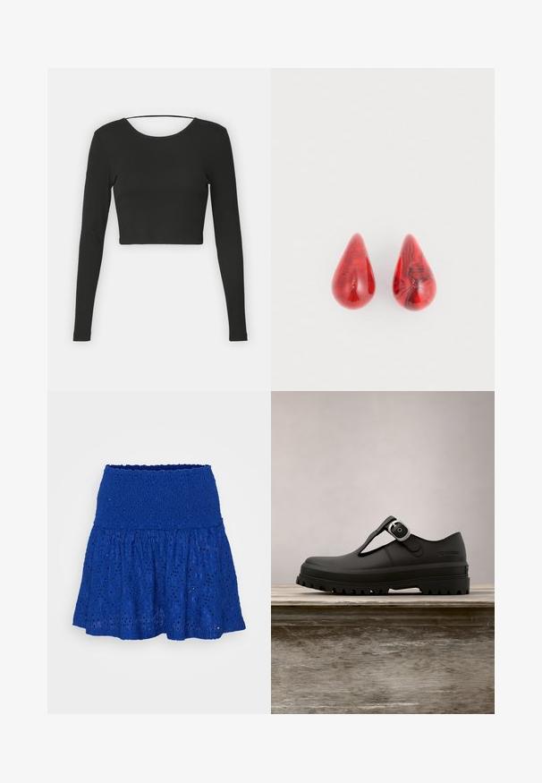 Μαύρο cropped τοπ με μακριά μανίκια και στρογγυλή λαιμόκοψη από λείο ύφασμα. Διαθέτει απλό σχέδιο χωρίς μοτίβα ή διακοσμητικά στοιχεία.; Μπλε δαντελωτή φούστα με υφή, κεντημένο σχέδιο και φαρδιά γραμμή, με ελαστική μέση.; Μαύρο δερμάτινο παπούτσι με πόρπη, στρογγυλή μύτη και ανθεκτική σόλα. Ο σχεδιασμός διαθέτει ιμάντα T και λείο υλικό.; Κόκκινες σταγόνες σκουλαρίκια από γυαλιστερή ρητίνη, με μαρμάρινη υφή και σκοτεινές κόκκινες και μαύρες στάθμες. Λείο φινίρισμα, συμμετρικός σχεδιασμός.