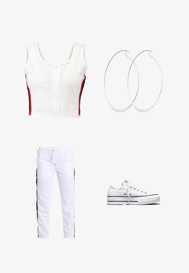 Hvid cropped tank top med lynlås foran, der har røde og sorte sidelister. Fremstillet af glat, strækbart materiale.; Hvide sportbukser med en afslappet pasform, sorte sidelapper og trykknapper. Inkluderer en elastisk talje med snore.; Hvid lavtop lærredssneakers med hvide snørebånd, sorte striber på sålen og gummieret tekstureret tåhætte, sidevendt på hvid baggrund.; Sølv hoops øreringe med et tyndt, glat design; langstrakt oval form; poleret finish; har en sikker krog lukning.