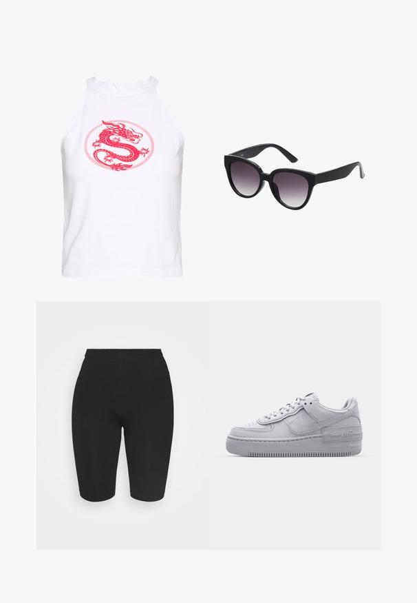 Weißes ärmelloses Crop-Top mit einem auffälligen roten Drachenmotiv innerhalb einer kreisförmigen Umrandung. Glattes Baumwollmaterial mit einem hohen Halsausschnitt.; Schwarz Radshorts mit einem taillierten Design, elastischem Bund und glatter Textur. Die Länge reicht bis über das Knie. Keine sichtbaren Muster oder Verzierungen.; Graue Nike Air Force 1 Sneaker mit perforierter Zehenpartie, Obermaterial aus glattem Leder, dicker Sohle und geprägtem 'AIR'-Detail an der Ferse.; Schwarze Cat-Eye-Sonnenbrille mit grauen Verlaufslinsen. Dicke, glänzende Kunststoffrahmen und sich verjüngende Bügel. Keine sichtbaren Marken oder Verzierungen.