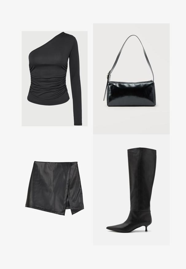 Schwarzes, ein-schultertop aus glattem, elastischem Material; mit gerafftem Struktur auf der linken Seite und langem Ärmel auf der rechten.; Even&Odd by Zalando Minirock - black; Knöchelhohe schwarze Lederstiefel mit einer spitz zulaufenden Zehenpartie und einem Kitten-Heel. Glatte Textur und minimalistisches Design ohne sichtbare Beschläge oder Akzente.; Schwarze rechteckige Schultertasche mit einem verstellbaren Riemen und einem oberen Reißverschluss vor einfachem Hintergrund.