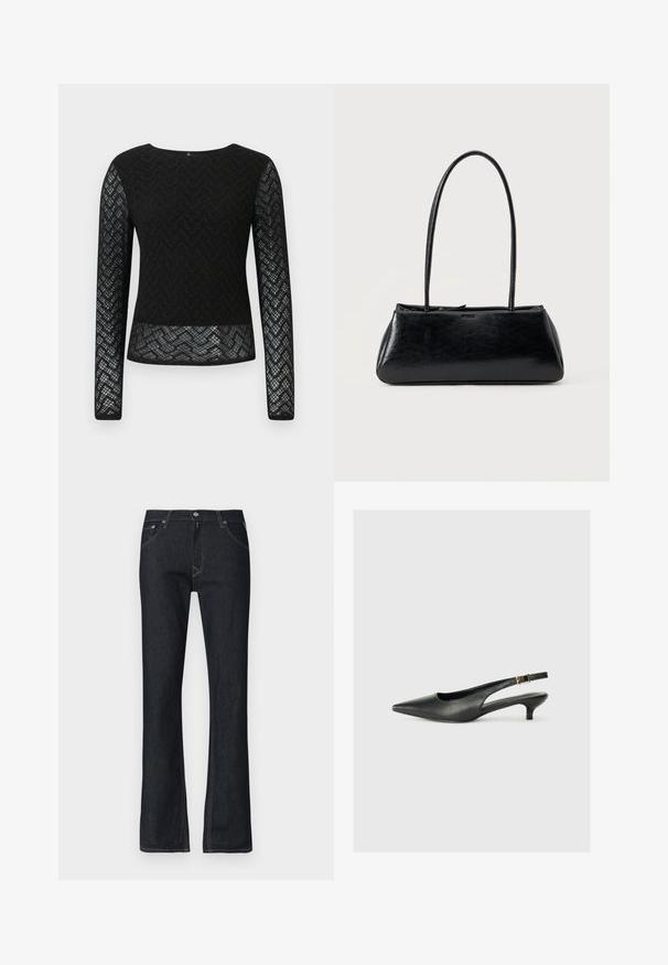 Haut noir à manches longues en dentelle avec un motif en zigzag. Présente un col rond et un design transparent sur les manches et l'ourlet.; Jean en denim bleu foncé avec une coupe évasée, coutures jaunes, fermeture par bouton et cinq poches. Texture lisse, coupe standard.; Chaussure slingback noire à bout pointu en cuir lisse. Présente un talon fin et un détail de boucle sur la sangle réglable.; Sac à épaule rectangulaire noir avec de longues bretelles fines et une texture lisse et brillante sur un fond uni.