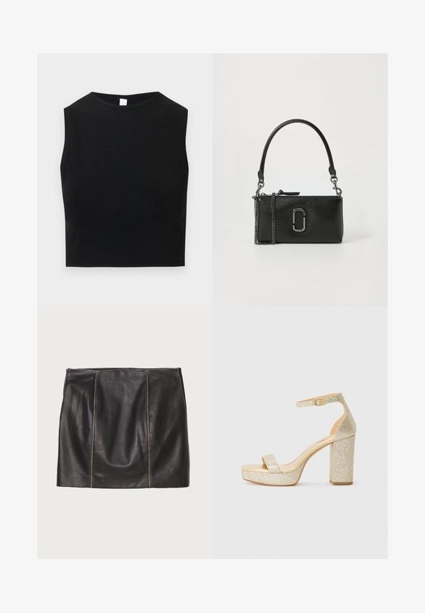 Sort crop-top tanktop lavet af et blødt, elastisk stof. Har en rund halsudskæring og ærmeløs design med en ren, minimalistisk silhuet.; Sort læderskørt med stikninger, lige silhuet og glat tekstur. Minimalistisk design uden metaldele.; Gyldne glitrende platform højhælede sandaler med ankelstropp og spænde på hvid baggrund.; Sort læder håndtaske med en glat overflade, der har en lynlåslukning, en aftagelig kædestrop og en fremtrædende metallisk logo detalje.