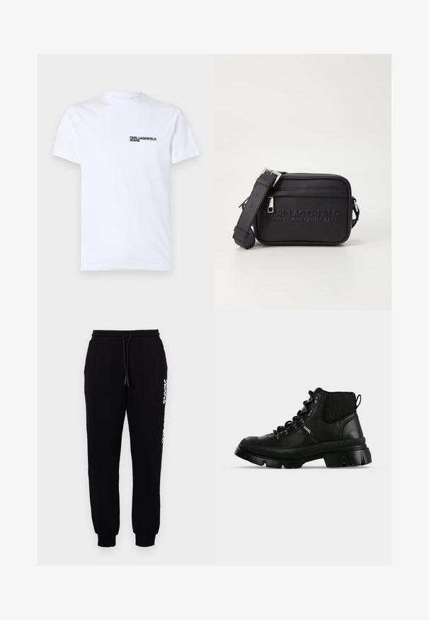 T-shirt en coton blanc à manches courtes, avec un col rond et un logo noir "KARL LAGERFELD JEANS" sur le côté gauche de la poitrine.; Pantalons de survêtement noirs en tissu doux, avec une taille élastique dotée d'un cordon de serrage, des jambes fuselées et un logo sur le côté.; Botte en cuir noire montant à la cheville avec semelle épaisse nervurée, œillets métalliques et logo "KARL" embossé sur le panneau latéral.; Sac en cuir noir à bandoulière avec logo en relief, fermeture éclair, sangle réglable et surface texturée. Forme rectangulaire compacte.