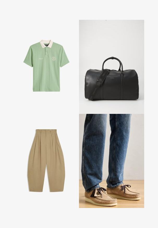 Hellgrünes Kurzarm-Poloshirt mit weißem Kragen, vertikaler Rippstruktur, zwei Knöpfen und weißem Logo sowie Text auf der Brust.; Beige, hoch taillierte Hosen mit weitem Bein, vorderen Falten, Reißverschluss- und Knopfverschluss sowie Gürtelschlaufen.; Wildleder-Mokassins in Tan mit dunkelbraunen Akzenten, runder Zehenform und weichem weißen Fußbett. Sie verfügen über ein Schnürdesign und gestickte Details.; Schwarze Leder-Duffle-Tasche mit doppelten Griffen, verstellbarem Schulterriemen, Reißverschluss und geprägtlogo. Glatte Textur, abgerundete Form.
