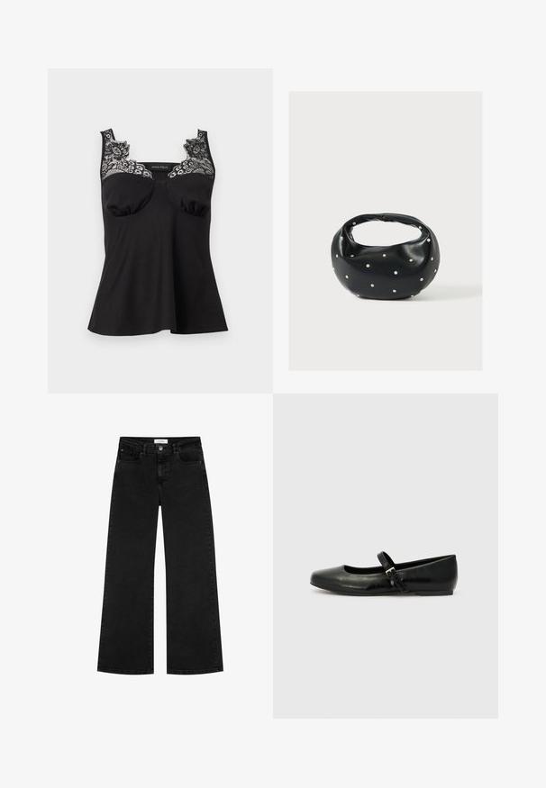 Sort ærmeløs top med blonde detaljer på skuldrene og øvre bryst, med let opslag under brystet og tætsiddende pasform.; Sorte høj talje vidde jeans med for- og møntlommer, knaplukning og bæltestropper.; Sorte læder balletflade med rund tå, flad sål og en tynd justerbar rem over svangen med en metalspænde.; Sort læderhåndtaske med en rundet form, dekoreret med sølvnitter, og et kort håndtag. Glat tekstur og lynlåslukning.