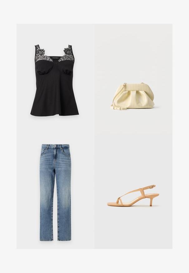 Zwart mouwloos topje met kanten details op de schouders en bovenborst, met lichte plooien onder de borst en een aansluitende pasvorm.; Lichtblauwe denim jeans met een rechte pijpdesign, voorzien van vijf zakken, een knoop- en ritsluiting, en minimale vervaging op de stof.; Nude strappy hoge hakken met een dunne enkelband, een gladde textuur en een taps toelopende hak van 5 cm. Minimalistisch ontwerp met een vlakke teenbed.; Kleine lichtgele leren handtas met geplooide voorkant, gouden beslag en verstelbare schouderriem op een witte achtergrond.