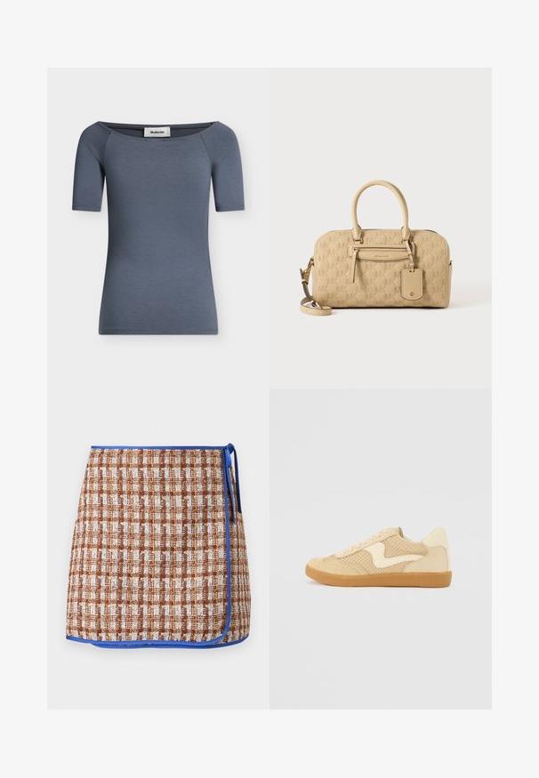 Top femme ajusté à manches courtes en gris foncé avec un large décolleté légèrement tombant sur l'épaule et une étiquette de marque visible à l'intérieur du col.; Jupe en tissu tissé à motif à carreaux marron et blanc avec des bordures bleues. Présente un lien sur le côté et un tissu texturé pour un détail supplémentaire.; Sneaker beige avec des matériaux en daim et en maille, forme arrondie, col rembourré proéminent et semelle en caoutchouc gomme. Présente un accent de design en forme de vague.; Sac à main beige Michael Kors avec motif MK embossé, doubles poignées, poche avant zippée et bandoulière amovible sur fond blanc.