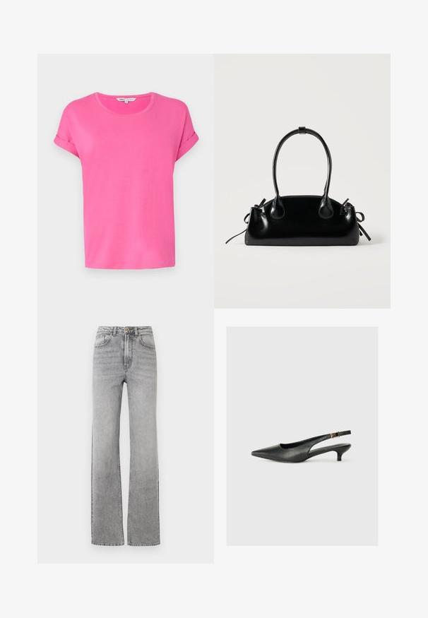 Roze t-shirt met korte mouwen en ronde hals, gemaakt van zachte stof, met opgerolde mouwen en een relaxte pasvorm.; Rechtersleg faded grijze denim jeans met een knoop- en ritssluiting, voorzakken en riemlussen op een witte achtergrond.; Zwarte puntschoen met slingback van soepel leer. Kenmerkt zich door een dunne hak en een gespdetail op de verstelbare band.; Kleine zwarte glanzende handtas met twee lange hengsels en zijkant trekkoord details op een effen lichte achtergrond.