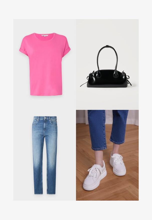 Roosa lühikeste varrukatega t-särk ümmarguse kaelusega, pehmest kangast, rullitud varrukatega ja mugava lõikega.; Heledad sinine denim, sirge lõikega, pleekinud tekstuuriga, viie tasku ja nööpidega sulgemine vöökoht. Erakordne mesinägijate õmbluse detail.; Jalad, mis kannavad lühendatud siniseid teksapükse ja valgeid paeltega platvormtossusid, seisavad helel puidust põrandal.; Väike must läikiv käekott kahe pika sangaga ja külgedel paelakinnitustega, ühel lihtsal helel taustal.
