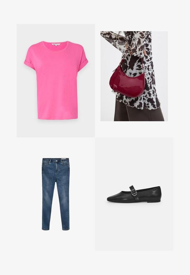 Ružové tričko s krátkymi rukávmi a okrúhlym výstrihom, vyrobené z mäkkého materiálu, s rolovanými rukávmi a voľným strihom.; Tmavomodré denim skinny džínsy s stredne vysokým pásom, piatimi vreckami a jemným vyblednutím. Obsahujú zapínanie na gombík a zips.; Čierna kožená plochá obuv s okrúhlym nosom, jedným nastaviteľným pásikom so sponou a hladkým, lesklým povrchom. Minimalistický dizajn s nízkym podpätkom.; Žena v čierno-bielom vzorovanom blúzke drží lesklú červenú kabelku cez rameno na jednofarebnom pozadí.