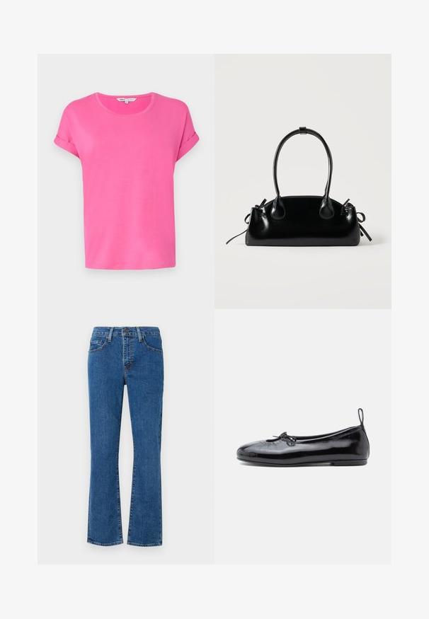Lyserød t-shirt med korte ærmer og rund halsudskæring, lavet af blødt stof, med oprullede ærmer og løstsiddende pasform.; Lys blå denimjeans med lige skæring, fem lommer og syet detaljer. Stoffet har en struktureret overflade med let falming.; Sorte patenterede læder ballet flats med rund tå, lille sløjfedetalje og glat tekstur; har en lav flad sål og en træksløjfe ved hælen.; Lille sort blank håndtaske med to lange håndtag og snøre-detaljer i siden på en ensfarvet lys baggrund.