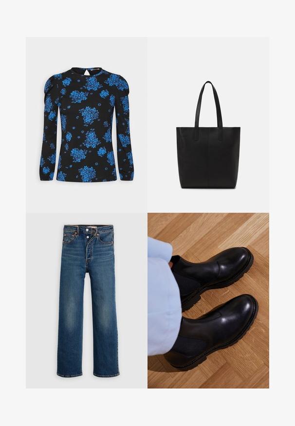 Anna Field Langærmet T-shirt - dark blue; Mørkeblå denimjeans med afslappet pasform. Features med fem lommer, knappelukning og diskret falmen på lårene.; Sorte ankelstøvler lavet af glat læder med elastiske sidepaneler, en tekstureret gummisål og kontraststing langs kanten.; Sort tote taske lavet af tekstureret materiale, med to lange håndtag og et enkelt, minimalistisk design uden synligt hardware.