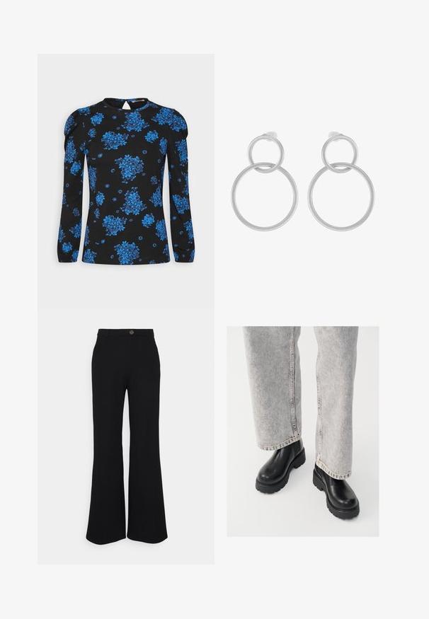 Anna Field Top s dlhým rukávom - dark blue; Čierne rozšírené nohavice z elastickej tkaniny, so zapínaním na prednej strane a pútkami na opasok. Hladká textúra s rovnomernou farbou po celom povrchu.; Vagabond COSMO - Členkové čižmy na platforme - black; Strieborné kovové náušnice s dvoma prepojenými kruhmi, jeden väčší a jeden menší, s jemne brúseným povrchom a zarážkami na zatlačenie.