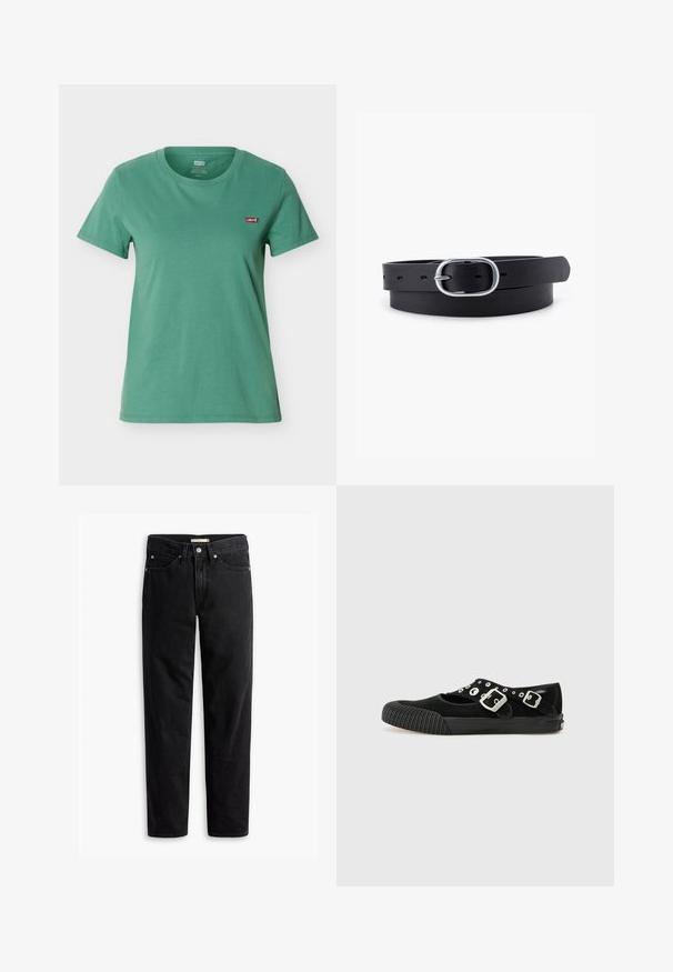 Grøn T-shirt med korte ærmer og rund halsudskæring samt et lille rødt Levi’s-logo på venstre bryst.; Sorte straight-leg jeans med knap- og lynlåslukning, bæltestropper samt for- og baglommer, vist fladt på hvid baggrund.; Vans MARY JANE - Ballerinasko - black; Sort læderbælte med en glat overflade, oval sølvmetalspænde og flere justeringshuller langs stroppen. Flad, minimalistisk design.