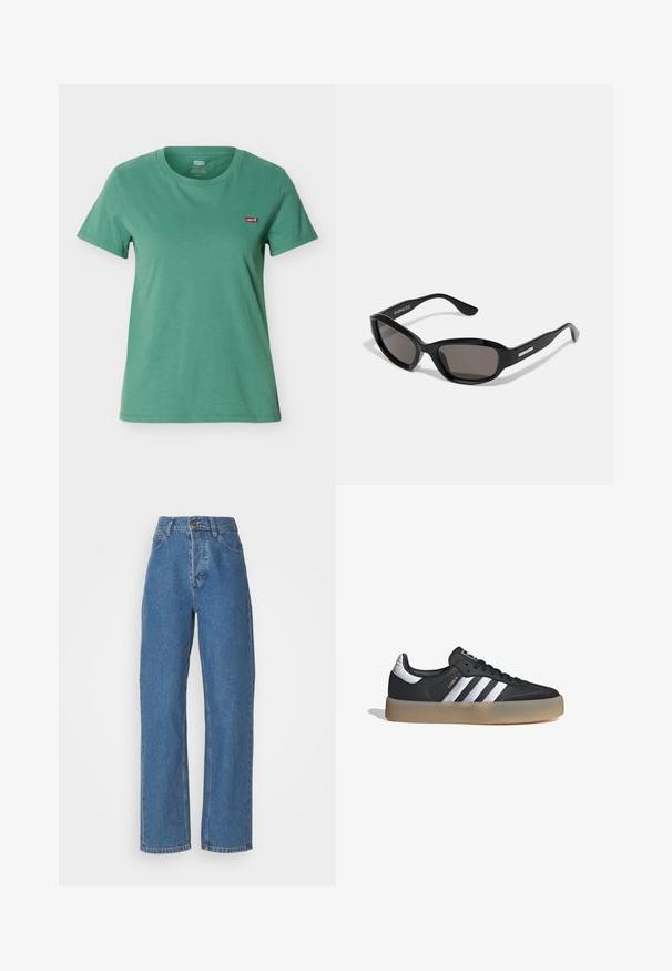 Camiseta verde de manga corta con cuello redondo y pequeño parche con el logo rojo de Levi’s en el pecho izquierdo.; Jeans azules de tiro alto y pierna recta con un acabado desgastado. Cuenta con cinco bolsillos, un cierre de botón y detalles de costura sutiles.; Zapatilla deportiva de cuero negro con tres rayas plateadas, punta texturizada y suela de goma. Cuenta con un collar acolchado y un diseño con cordones.; Gafas de sol negras con montura rectangular, lentes oscuros, material de plástico suave y un acento metálico en la patilla.