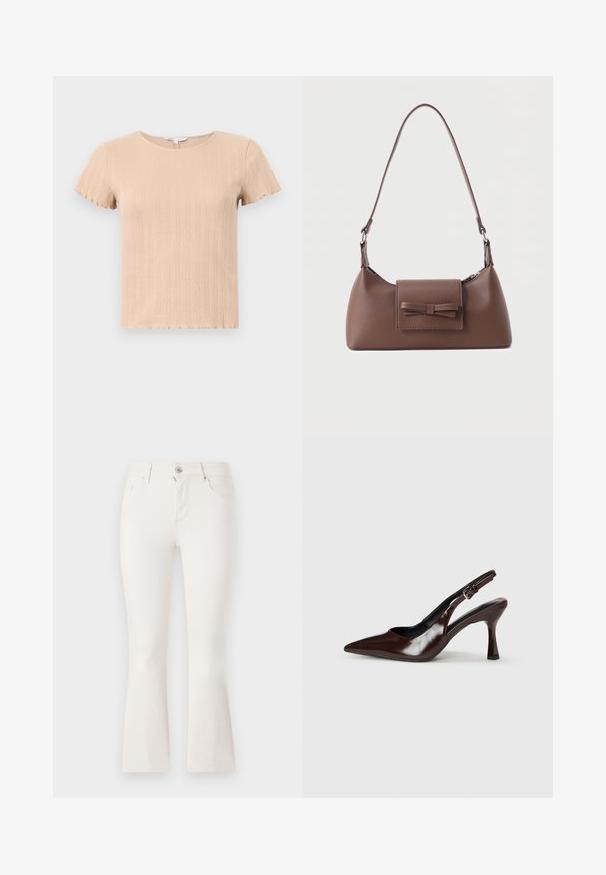 T-shirt beige à manches courtes avec des bords festonnés, présentant un motif texturé et un col rond. Fabriqué en tissu doux et extensible.; Jean blanc évasé en denim avec une taille ajustée, cinq poches et une fermeture éclair à l'avant. Texture lisse et design épuré.; Talons slingback en cuir verni brun avec un bout pointu, un talon fin, et une sangle réglable avec une petite boucle.; Sac à bandoulière en cuir marron avec une poche à rabat avant ornée d'un détail en forme de nœud cousu et une sangle réglable.