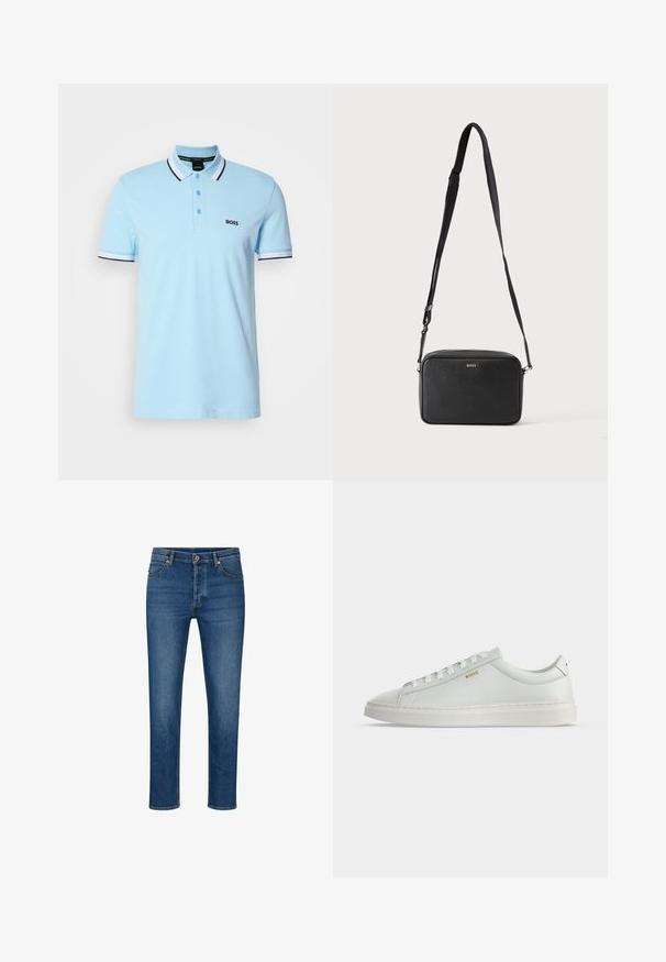 lichtblauw poloshirt met korte mouwen, met een wit en zwart gestreepte kraag en manchetten, drie knopen en het 'BOSS' logo op de linker borst.; Blauwe denim jeans met een rechte pasvorm, voorzien van vijf zakken, riemlussen en een knoopsluiting. Lichte wassing en contrasterende stiksels.; Witte lage leren sneaker met veters, platte zool en klein gouden "BOSS" logo aan de zijkant, gezien vanaf de buitenkant.; Zwarte rechthoekige crossbodytas met verstelbare band en BOSS-logo aan de voorkant, tegen een effen lichte achtergrond.