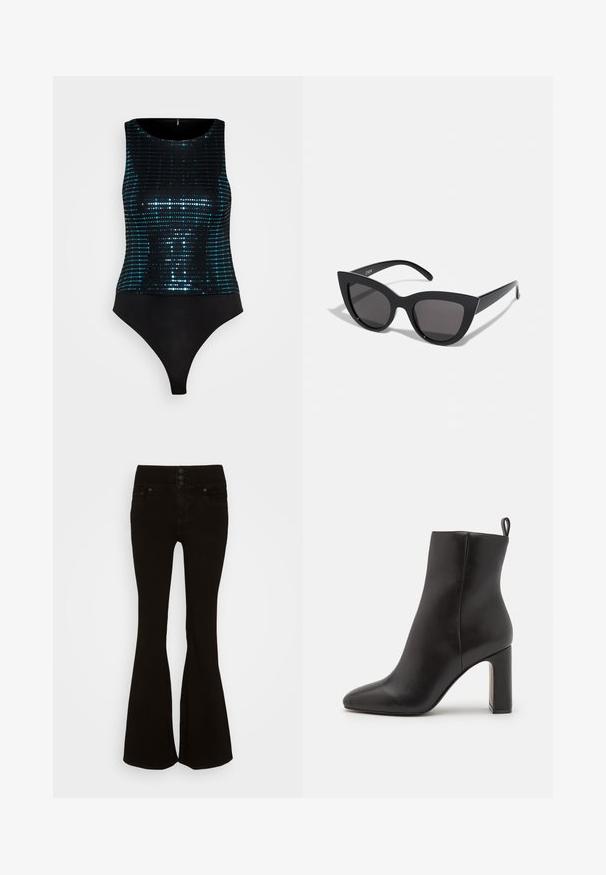 ONLY ONLDANA MIRROR BODY - Top - black; American Eagle SUPER HIGH RISE - Zvonové džínsy - onyx black; Čierne kožené členkové topánky s špicatou špičkou, cylindrickým vysokým podpätkom a slučkovou pútkom na zadnej strane pre jednoduché obúvanie. Hladká textúra.; Čierne slnečné okuliare v štýle mačacích očí s matným povrchom, so šedými tónovanými sklami, ostrými hranami a elegantnými bokovými ramenami. Názov značky je viditeľný na vnútornom ramene.