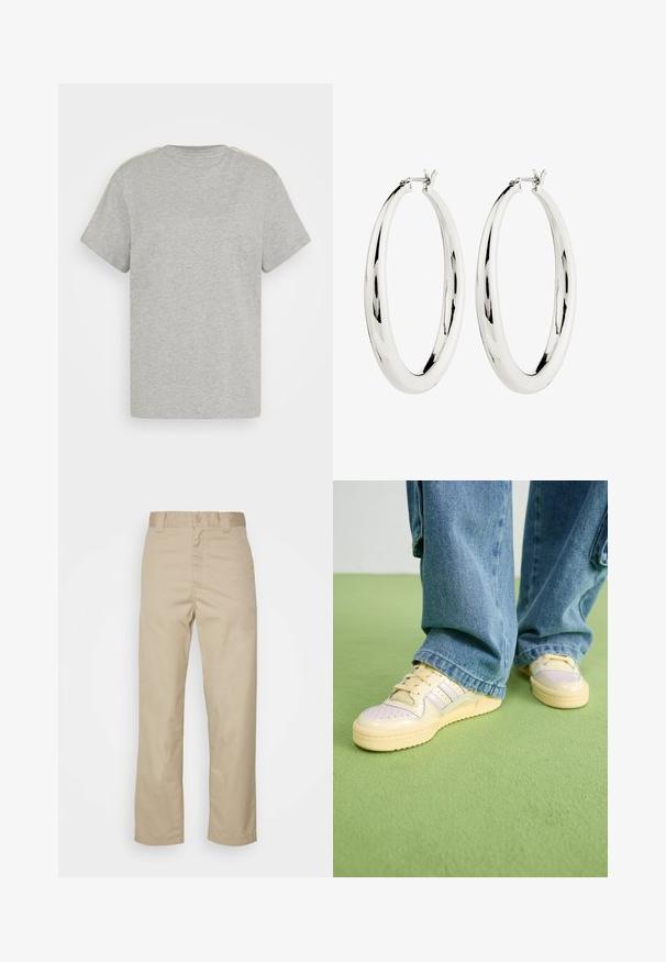 adidas Originals SNAKETEE - Tričko s potlačou - medium grey heather; Bežové bavlnené nohavice s rovnými nohavicami, zapínanie na gombík a pútka na opasok. Hladká textura a žiadne viditeľné vzory či akcenty.; Tenisky s krémovým zvrškom a štruktúrovanou gumovou podrážkou, s dierkovanými detailmi a vrstvenými akcentmi v svetlomodrej a béžovej farbe.; Strieborné kruhové náušnice s hladkým, reflexným povrchom. Guľatý, veľký tvar s bezpečným zapínaním na vrchu. Lesklý povrch ukazuje žiaru.