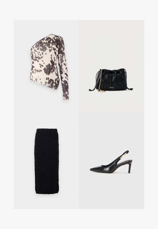 En-shoulder top i let stof med en beige baggrund og sorte ujævne pletter, glat tekstur og tætsiddende design.; Sort, knælang strikket nederdel med en tekstureret overflade og lige snit. Taljen er elastisk for komfort.; Sort læder slingback højhælede sko med spidse tæer, glat overflade og en smal ankelrem med guldfarvede hardware detaljer.; Sort læderhåndtaske med plisseringer, snorelukning, guldkæde som rem og lille horisontalt guldakcent foran.