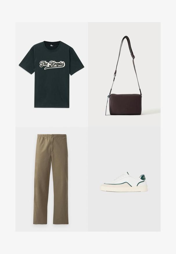 Sort bomulds t-shirt med et cremfarget skrifttype logo, der står "The Kooples." Standard rund hals og korte ærmer.; Khaki bukser lavet af letvægtsmateriale. Har en elastisk talje, knaplukning, lige ben og en glat overflade.; Hvide lavtop sneakers med grønne detaljer, beige ruskind og en cremefarvet sål med en rilllet bund.; Mørkebrun textured læder crossbody taske med justerbar rem og lille dekorativ blå accent på siden.