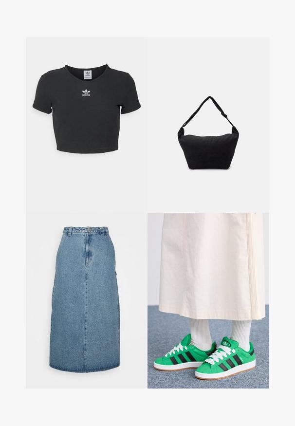 Zwart cropped t-shirt van katoen, met een ronde hals en korte mouwen. In het midden bevindt zich een witte geborduurde Adidas-logo.; Obey Clothing JUNIPER MIDI SKIRT - A-lijn rok - stonewash indigo; Groene suède sneakers met witte veters, zwarte strepen en een logo op de tong. Gecombineerd met geribde witte sokken en een lichtgekleurde rok.; Zwarte stoffen schoudertas met een zachte, gestructureerde oppervlakte, ronde vorm en een enkele strap. Minimalistisch ontwerp zonder zichtbare hardware of accenten.