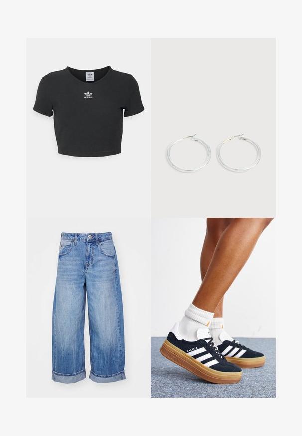 Schwarzes, kurzes T-Shirt aus Baumwolle mit rundem Halsausschnitt und kurzen Ärmeln. In der Mitte befindet sich eine weiße Adidas-Logo-Stickerei.; BDG Urban Outfitters JAYA - Jeans Relaxed Fit - light vintage; Beine mit weißen Socken und schwarzen Adidas Gazelle Sneakers mit weißen Streifen und dicken braunen Sohlen auf einem grauen Teppichboden.; Paar glänzende silberne Creolen mit dünnen Drahtverschlüssen, dargestellt vor einem hellgrauen Hintergrund.