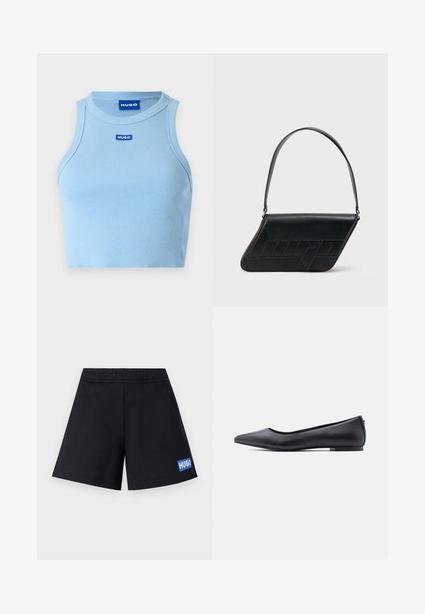 Lys blå ribbet tanktop med en rund halsudskæring. Har et lille blåt "HUGO" logo på forsiden. Stoffet ser blødt og tætsiddende ud.; Sorte shorts med en afslappet pasform, elastisk talje og blå "HUGO" logo på venstre lår; lavet af blødt, åndbart materiale.; Sort flad lædersko med spidst tåparti og lav hæl, vist i sideprofil mod en hvid baggrund.; Sort skuldertaske i læder med trekantet form, præget logo og en enkelt justerbar rem. Minimalistisk design med glat tekstur.