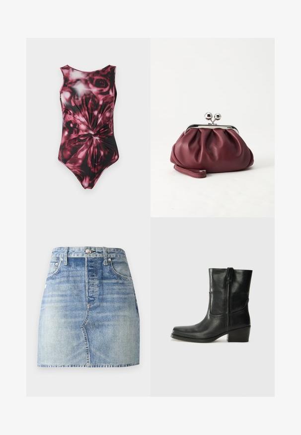 Én-delt badedragt i strækbart stof med en tvistet knudedetalje i midten, prydet med et abstrakt blomstermønster i sort og pink.; Denimnederdel i lyseblå vask, med høj talje og tætsiddende design, frynset kant og klassisk fem-lomme-stil. Søjlehardware i sølv.; Sort læder ankelstøvle med rundt tå, blokhæl, lynlås i siden og stikninger på vampsiden. Glat tekstur, klassisk design.; Lille bordeauxlæder clutch-pung med sølv metal lukning og håndledsrem på hvid baggrund.