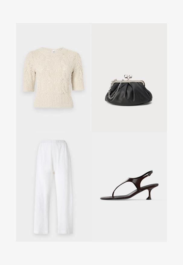 Pull en maille à manches courtes crème avec motif torsadé et ourlet et poignets côtelés, présentant un col rond.; Pantalons blancs amples avec une taille élastique, fabriqués en tissu texturé. Design à jambe droite avec des ourlets simples.; Sandale slingback en cuir verni marron foncé avec petit talon et bride entre les orteils sur fond blanc.; Porte-monnaie en cuir noir avec texture froncée, cadre en métal argenté, fermeture à verrouillage kiss-lock et bandoulière en chaîne. Surface lisse et douce.