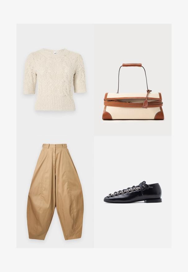 Pull en maille à manches courtes crème avec motif torsadé et ourlet et poignets côtelés, présentant un col rond.; Pantalons beiges taille haute, jambes larges avec des plis, passants de ceinture et ourlets fuselés, présentés sur un fond blanc.; Chaussure noire en cuir à talon bas avec des œillets métalliques argentés uniques et une fermeture à lacets noirs sur le dessus.; Sac à main rectangulaire en toile beige avec garniture en cuir marron, poignée supérieure et une bandoulière enroulée autour du corps avec une étiquette en cuir.