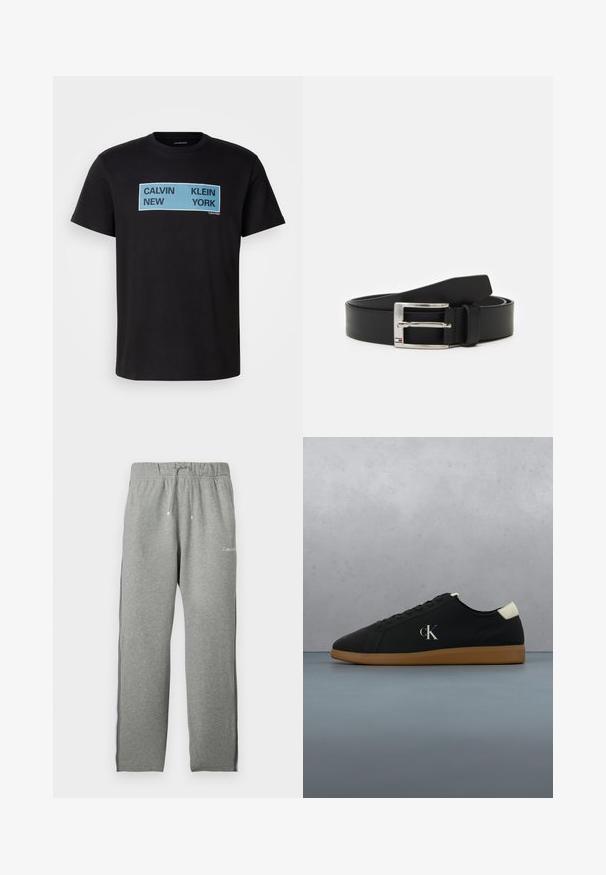 Schwarzes Baumwoll-T-Shirt mit fettem blauen und schwarzen Text: "CALVIN NEW KLEIN YORK" auf der Vorderseite. Klassisches Rundhalsausschnitt-Design, kurze Ärmel.; Hellgraue Sweatpants mit elastischem Bund, Kordelzug, seitlichen schwarzen Streifen und kleinem weißen Calvin Klein Logo vorne.; Schwarze Leinensneaker mit einer Gummisohle, featuring einem silbernen "cK"-Logo an der Seite und einem weißen Akzent an der Ferse. Niedrig geschnittenes Design.; Schwarzer Ledergürtel mit einer glänzenden silbernen Schnalle, die eine rechteckige Form hat und ein kleines Logo-Akzent in der Nähe der Schnalle aufweist. Glatte Textur.