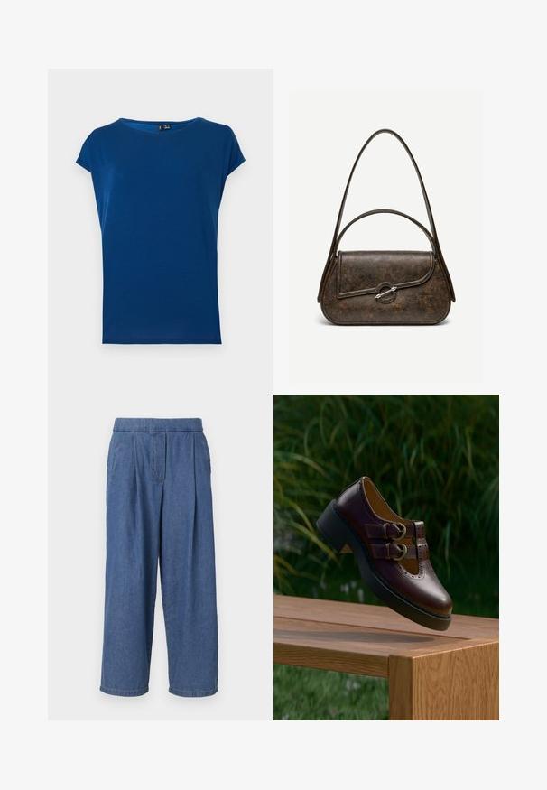 T-shirt femme bleu roi à manches courtes, col rond, coupe décontractée, présenté sur fond blanc.; Pantalon large en denim bleu avec une coupe décontractée, doté d'une taille sans bouton, de plis sur le devant et de deux poches latérales.; Chaussure en cuir marron foncé avec double boucle, détails perforés et semelle noire épaisse, suspendue au-dessus d'une table en bois à l'extérieur.; Sac à main en cuir brun foncé texturé avec deux anses, forme rectangulaire arrondie, et fermeture à bouton circulaire argenté sur le rabat avant.