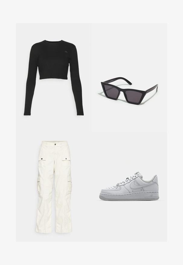 Čierny cropped top s dlhým rukávom vyrobený z rebrového materiálu, s okrúhlym výstrihom a malou značkovou nášivkou na hrudi.; Cargo nohavice v svetlo béžovej bavlne, s dvoma veľkými bočnými vreckami, zapínaním na gombík a uvoľneným strihom s rovnými nohavicami.; Biele kožené tenisky s nízkym strihom, okrúlou špičkou, perforovanými detailmi a textúrovanou gumovou podrážkou. Obsahujú šedé akcenty na jazyku.; Čierne, ostré slnečné okuliare so sivými sklami; vyrobené z plastu, majú hrubé ramená s hladkým povrchom a bez viditeľnej mechaniky.