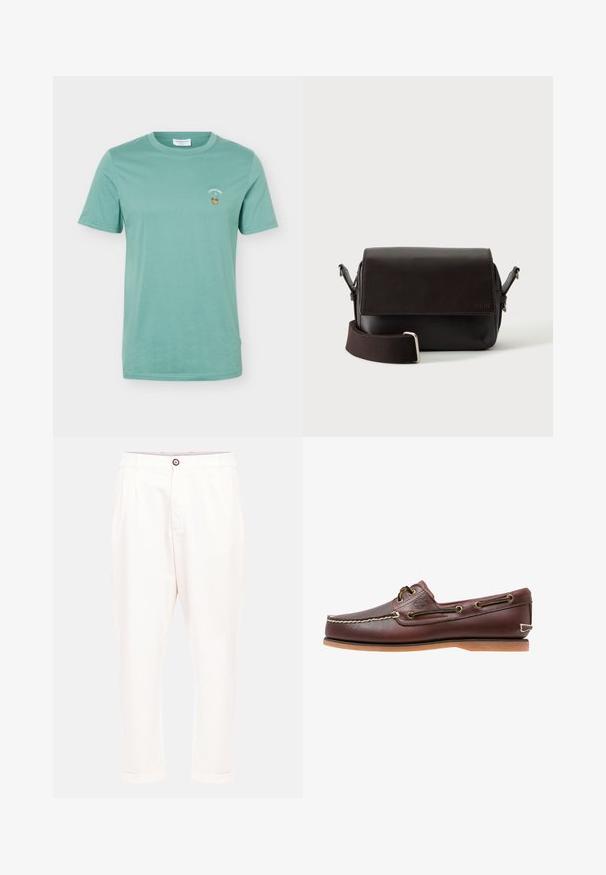 T-shirt vert clair à manches courtes et col rond avec un petit motif d'ananas et le texte « Looking Pine » sur le côté gauche de la poitrine.; Pantalon beige clair à coupe décontractée, avec deux plis plats à l'avant, une fermeture à bouton et des revers roulés aux chevilles. Texture de tissu lisse.; Chaussure bateau en cuir marron avec coutures blanches, détails de lacets et semelle en caoutchouc beige, vue de côté sur fond blanc.; Sac bandoulière en cuir marron foncé avec fermeture à rabat et sangle en tissu réglable sur fond blanc.