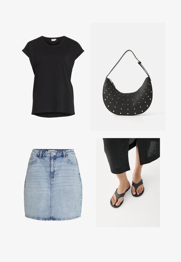 Zwarte korte mouwen casual T-shirt met opgerolde manchetten en een ronde halslijn van het merk VILA.; Lichtblauwe denim mini-jurk met een sluiting met knopen en rits aan de voorkant, riemlussen en voorzakken.; Close-up van voeten die zwarte leren teenslippers dragen, met een zoom van een zwarte rok zichtbaar boven de enkels op een witte vloer.; Zwarte leren handtas met een gebogen vorm, versierd met zilveren studs, voorzien van een ritssluiting en een enkele verstelbare schouderband.