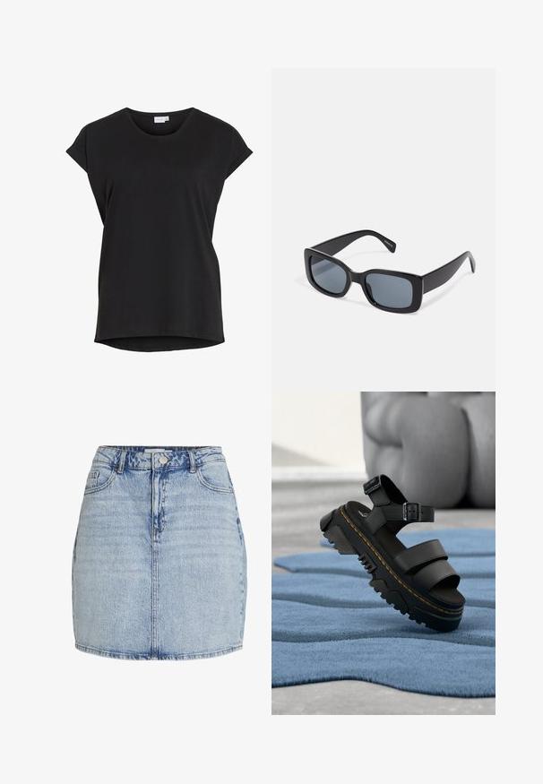 Camiseta casual negra de manga corta con puños remangados y cuello redondo de la marca VILA.; Mini falda de mezclilla azul claro con cierre frontal de botones y cremallera, trabillas para cinturón y bolsillos delanteros.; Sandalia negra de plataforma con suela gruesa, correa ajustable en el tobillo y costuras amarillas, apoyada sobre una tela azul texturizada.; Gafas de sol rectangulares negras con lentes oscuros, montura de plástico grueso y patillas anchas. Superficie lisa y diseño anguloso.
